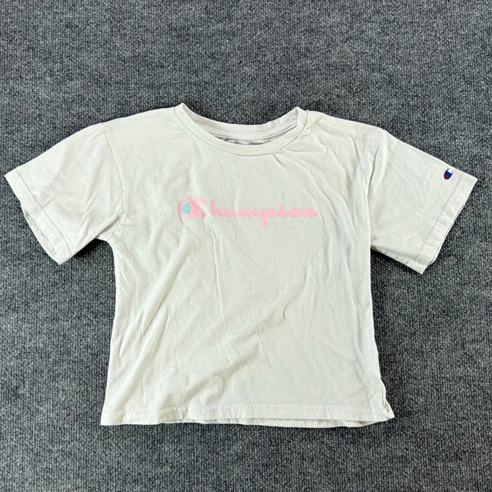 Champion Girls T-Shirt Size L Gray Pink Script Logo Short Sleeve Graphic Tee